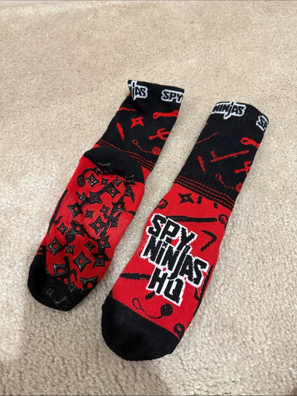 Kids Non-Slip Crew Socks in Red & Black